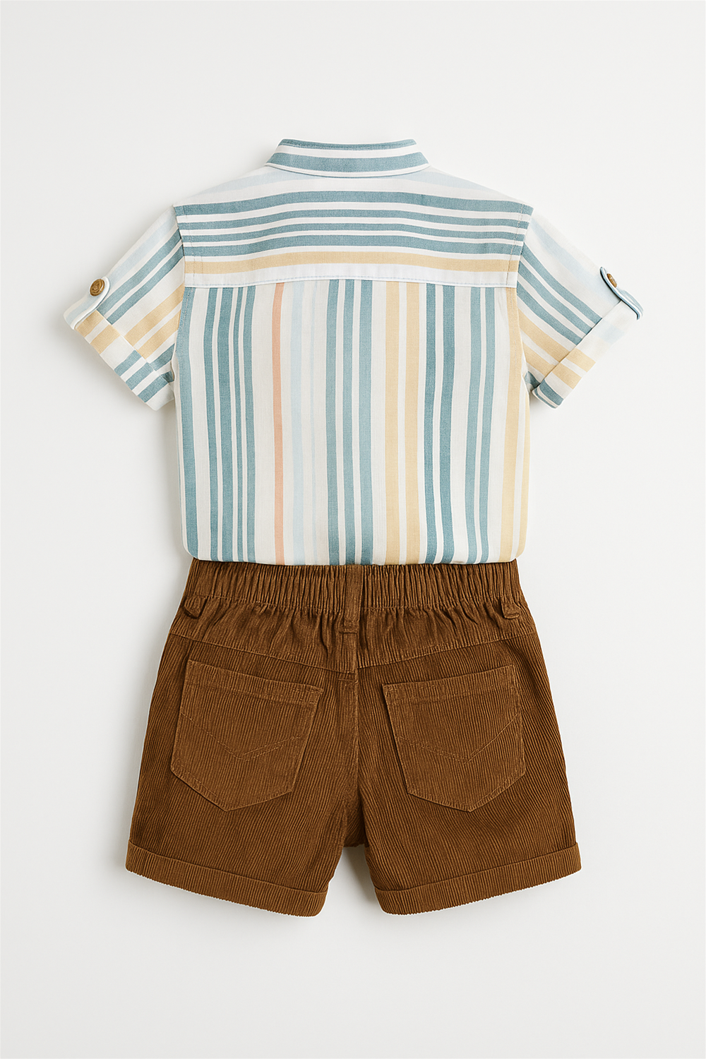 Back view of striped pastel short-sleeve shirt paired with brown corduroy shorts featuring elastic waistband and back pockets.
