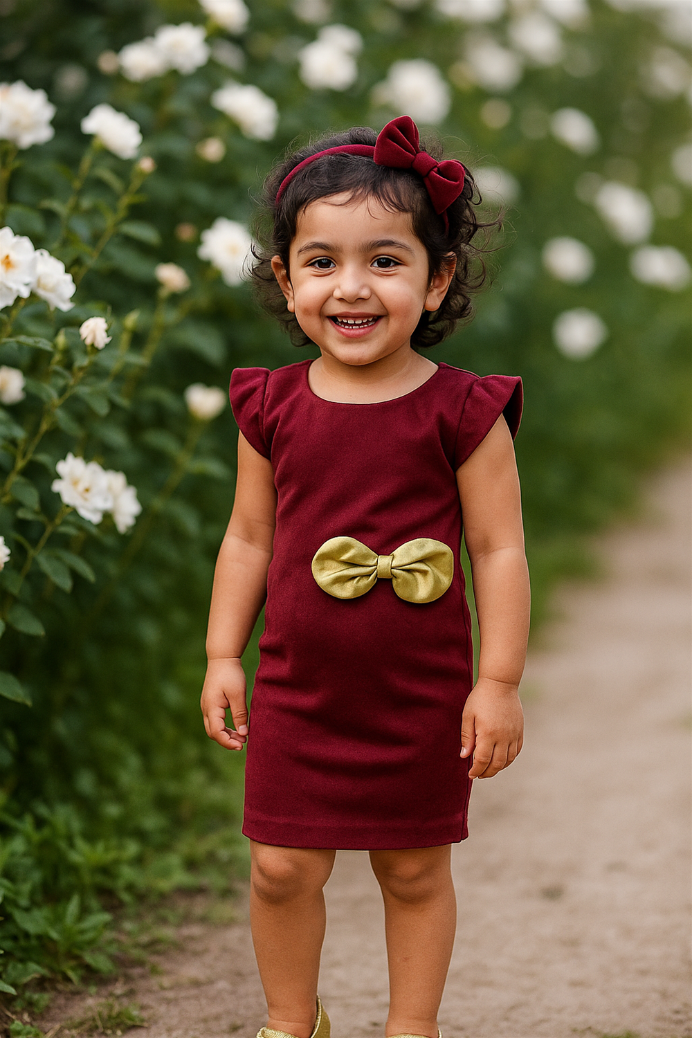 A young girl in a maroon dress adorned with a gold bow stands happily, showcasing her playful spirit.