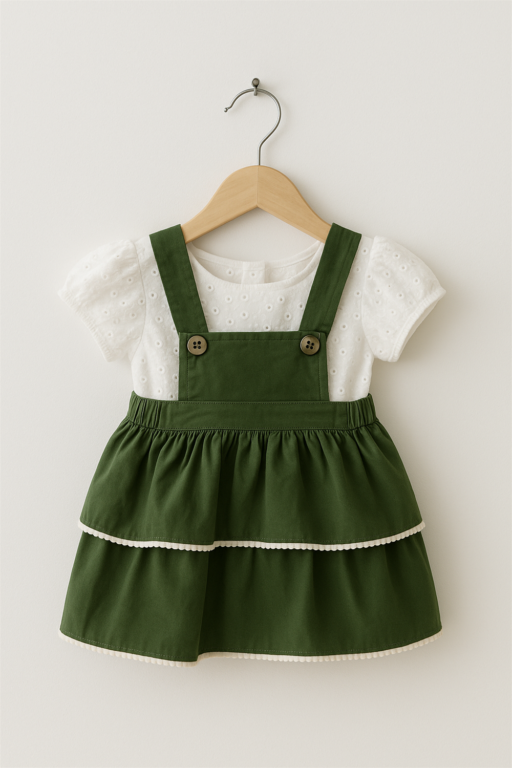 A baby girl's green pinafore dress featuring a white hakoba inner, showcasing a charming and playful design.