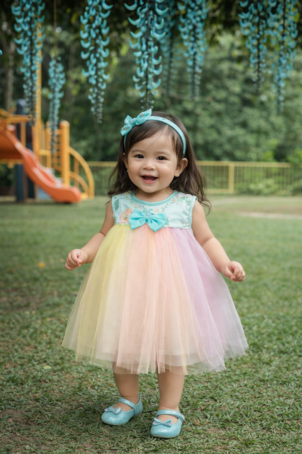 A baby girl in a sea green alter neck dress with a colorful net skirt and a matching bow.