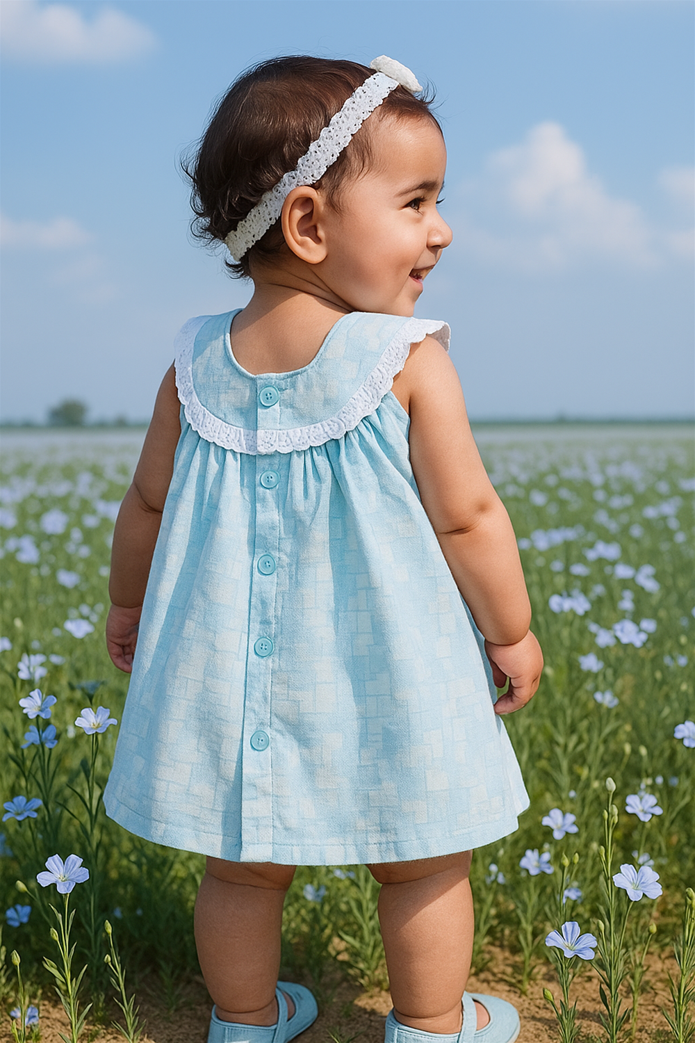 Smiling baby girl standing in field of blue flowers, wearing sleeveless blue lace-trimmed dress with back buttons and matching shoes.