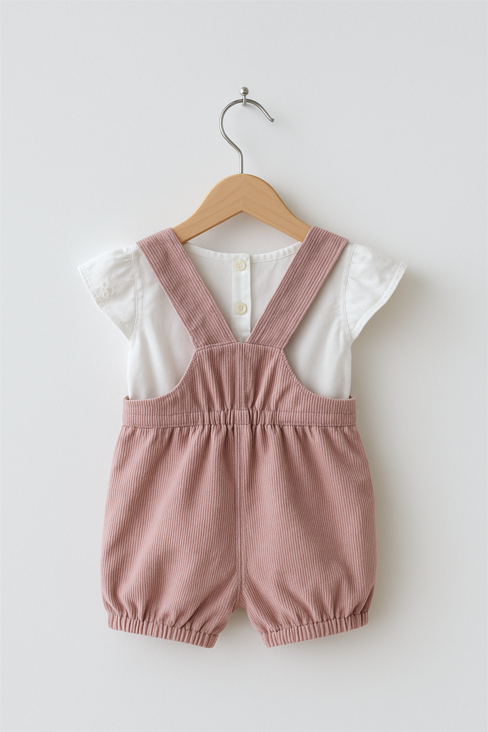 A baby girl’s pink corduroy romper with crossed straps and elastic waist, layered over a white short-sleeve top with back buttons, displayed on a wooden hanger against a plain white background. The outfit’s simple design and neutral tones give it a soft, charming look, perfect for casual or everyday wear.