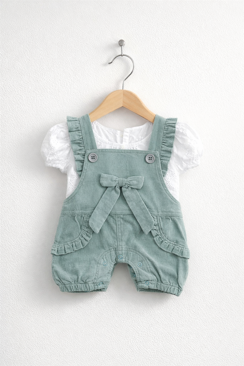 Front view of olive green baby dungaree featuring bow detail, ruffled pockets, snap buttons, styled with white puff sleeve top.
