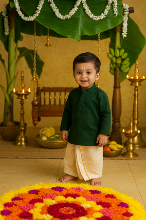 A young boy dressed in a green kurta and cream dhoti with golden borders smiles joyfully, standing barefoot near a colorful floral rangoli during an Onam celebration. Traditional brass lamps, banana leaves, and festive decorations create a warm, cultural backdrop.