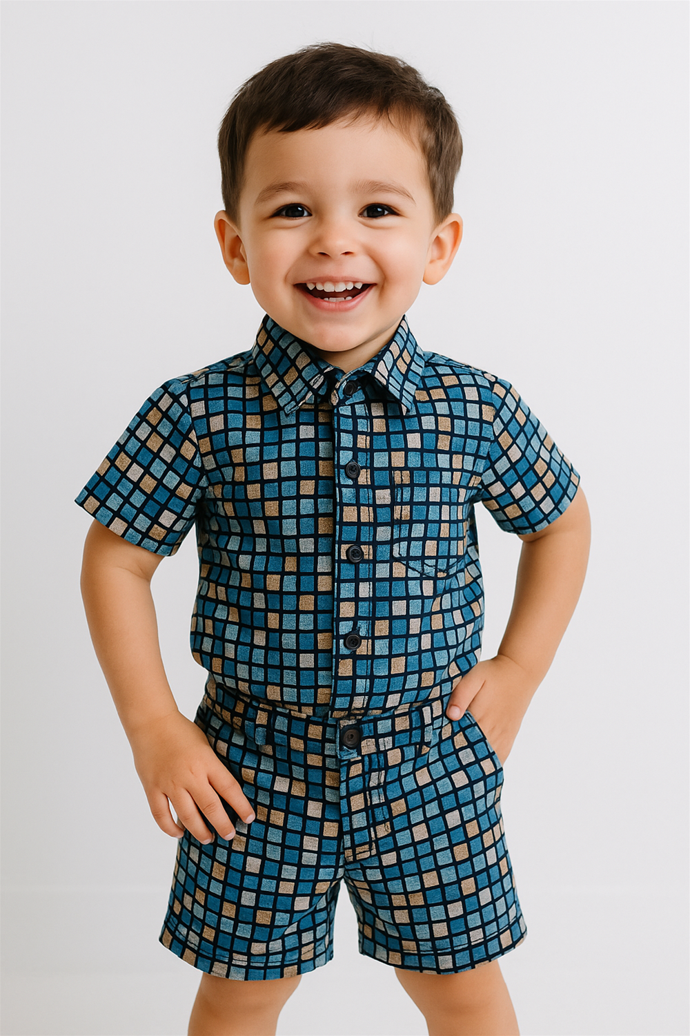 Cheerful boy wearing blue checkered co-ord set, short sleeves and matching shorts, hands in pockets, standing confidently in studio.