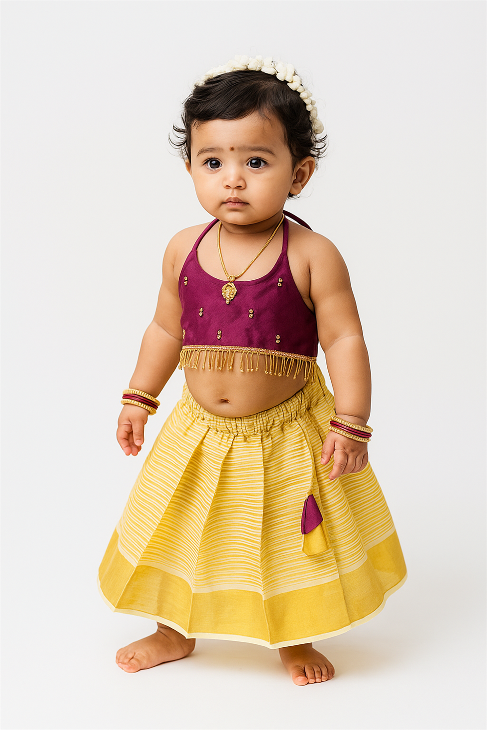 A baby girl stands wearing a maroon halter top with golden tassels and a yellow striped skirt, accessorized with gold jewelry and bangles. She has jasmine flowers in her hair and looks calmly ahead on a plain white background.