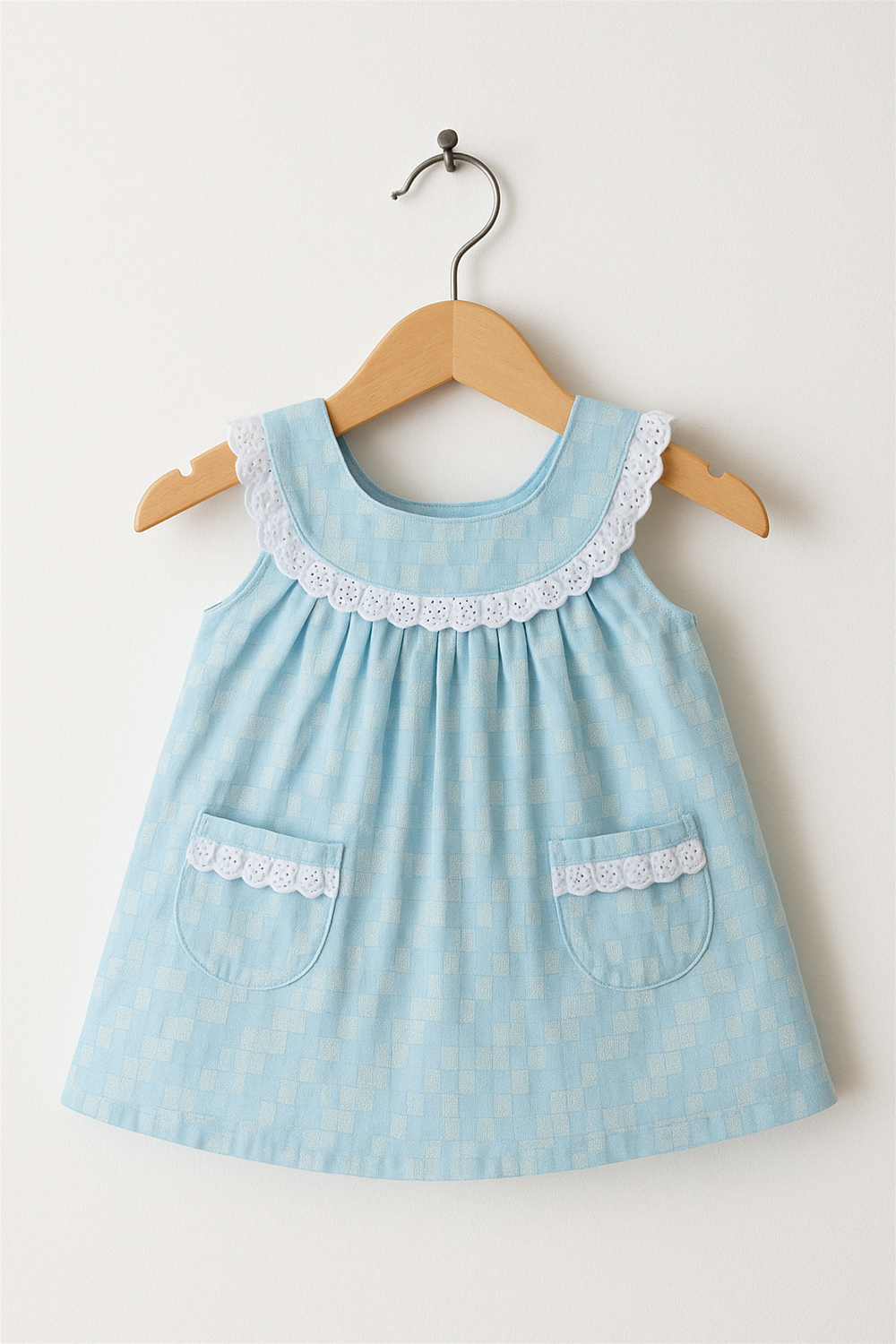 Front view of blue baby dress with white lace collar and two pockets, showcased on wooden hanger against plain background.
