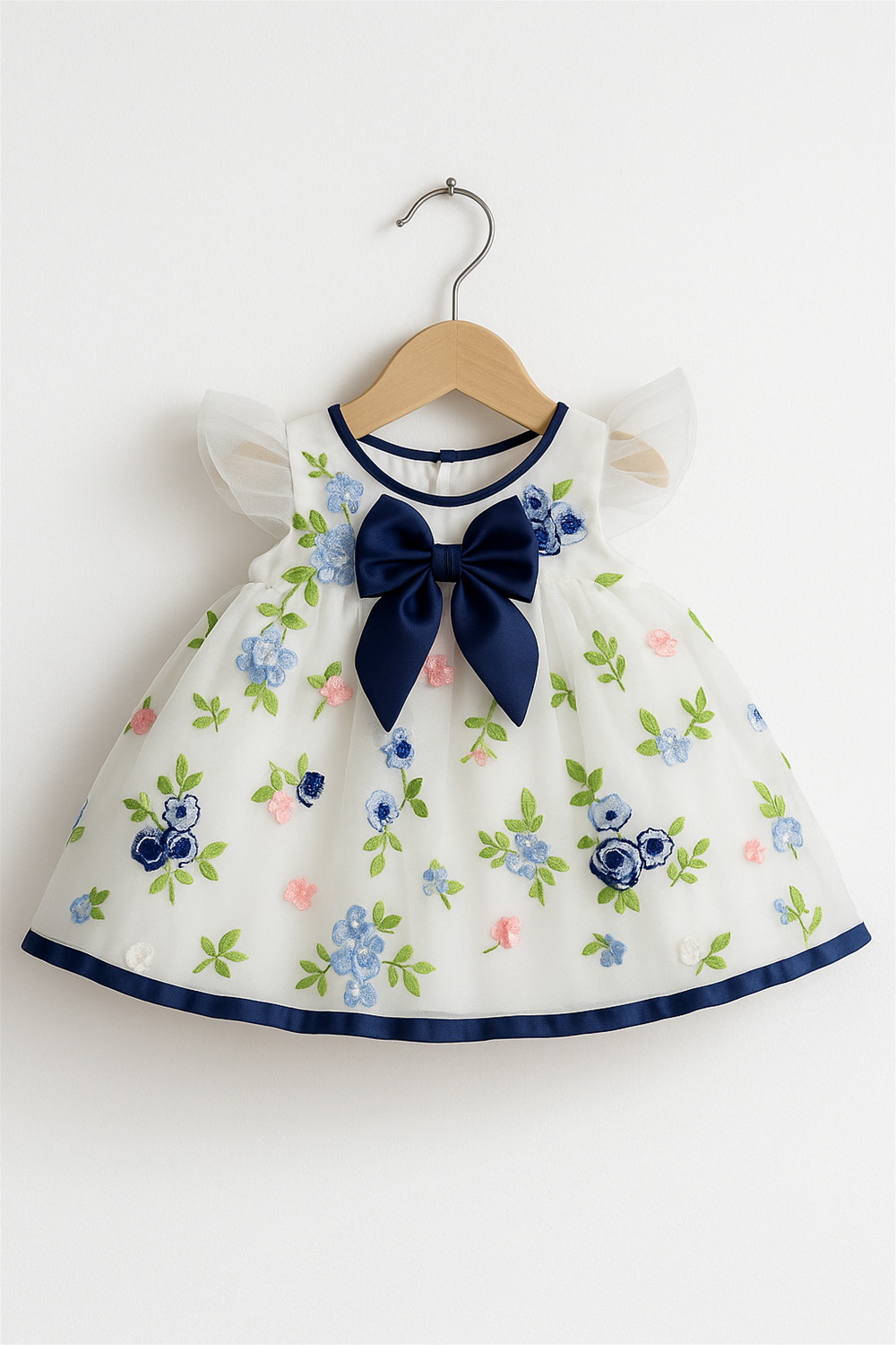 A delicate baby girl’s dress hangs on a wooden hanger, featuring white sheer fabric adorned with pastel floral embroidery in shades of blue, pink, and green. The dress is finished with a navy blue satin bow at the chest, flutter sleeves, and a matching navy blue hemline for a charming, elegant look.