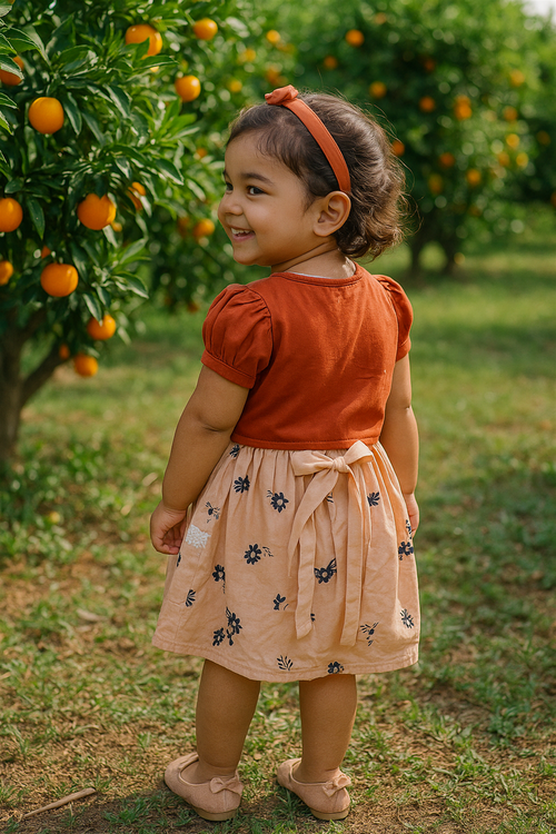 A little girl in an orange dress stands beside an orange tree, surrounded by vibrant green leaves and ripe oranges.