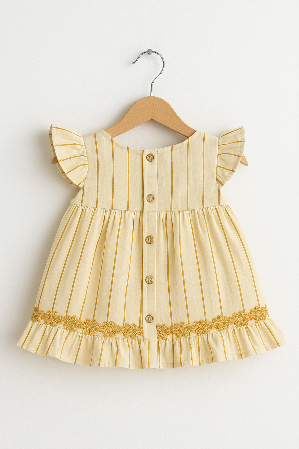 A cream and yellow striped baby dress with frilled sleeves, buttoned back, and floral lace hem, hanging neatly on a wooden hanger.