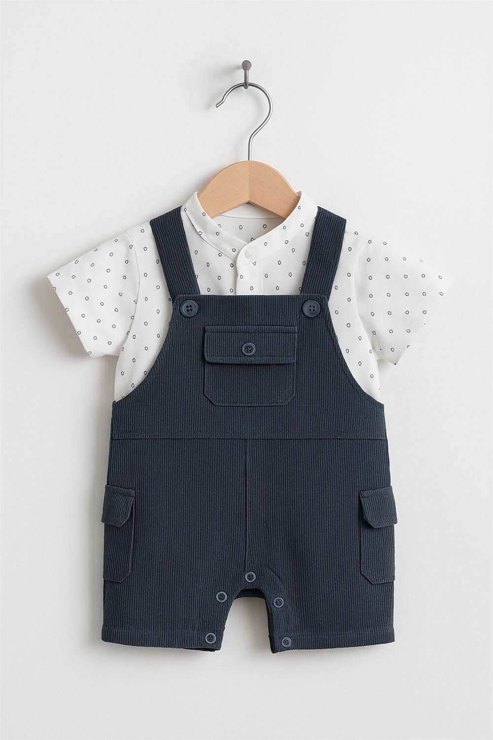 Wooden hanger display of navy blue corduroy dungaree with white printed shirt, front buttons, and side cargo pockets.