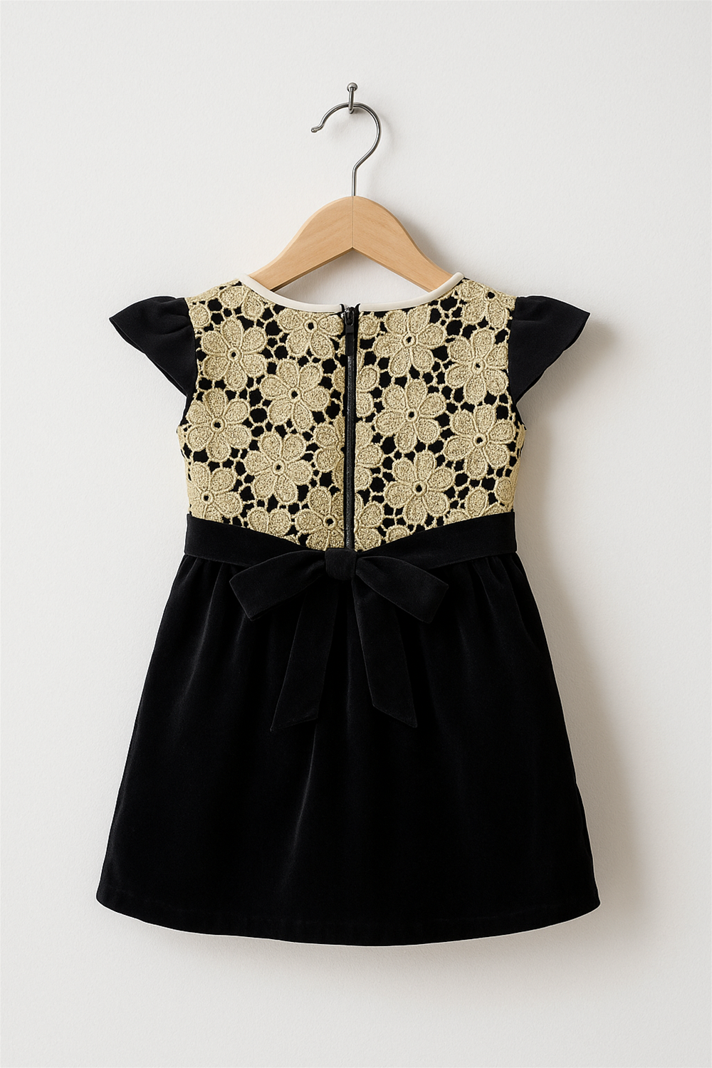 A off white cut work with black velvet party wear frock in a wooden hanger back view.