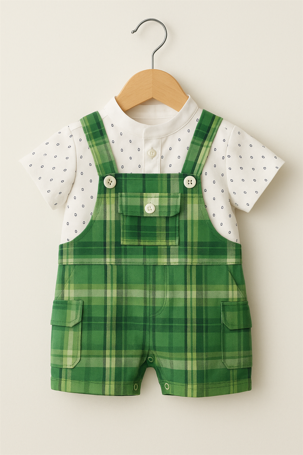A baby boy's green and white check dungaree, featuring adjustable straps and a cute pocket detail.