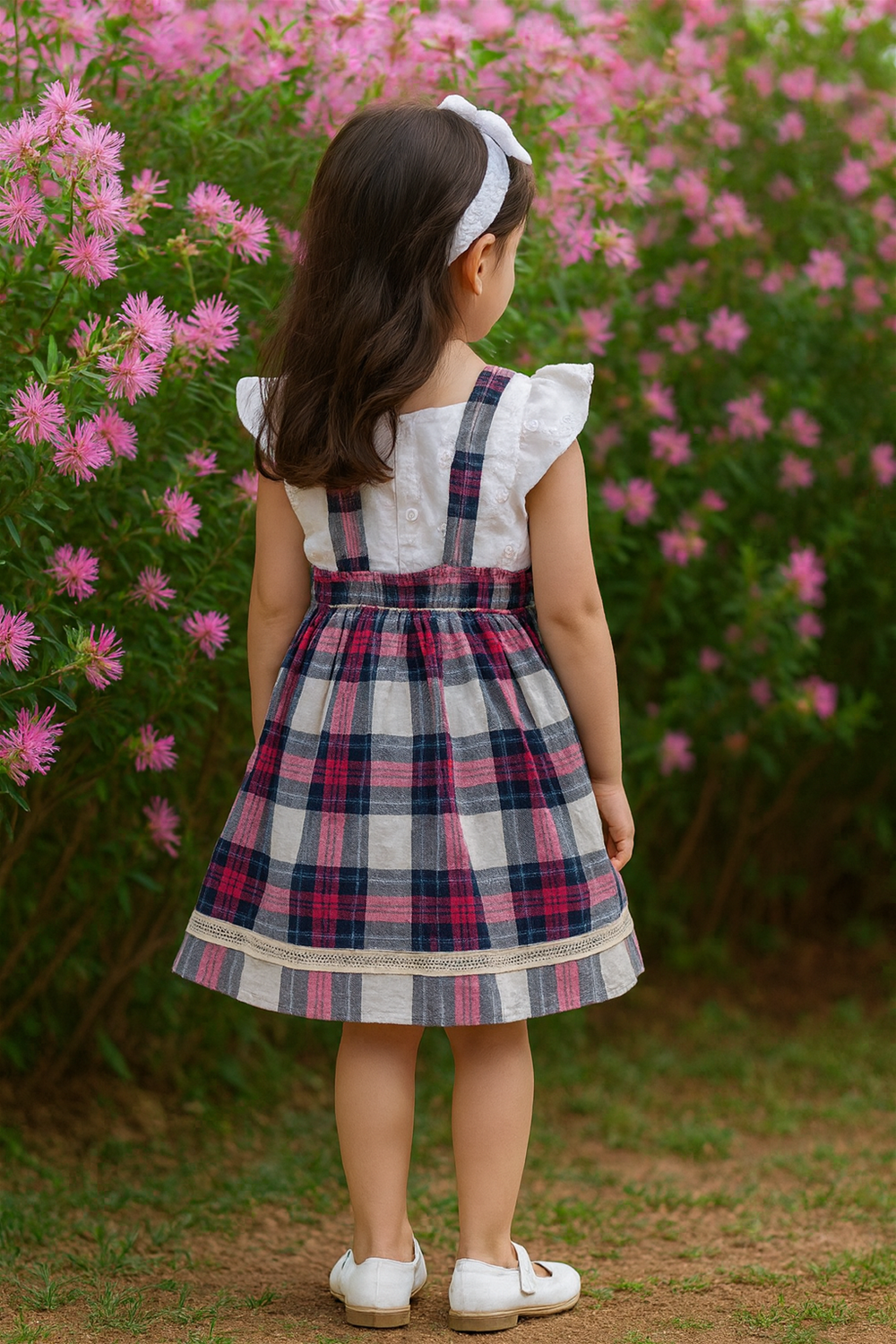 Back view of little girl in festive Pink and Blue plaid frock with suspenders, lace hem, and hair bow.