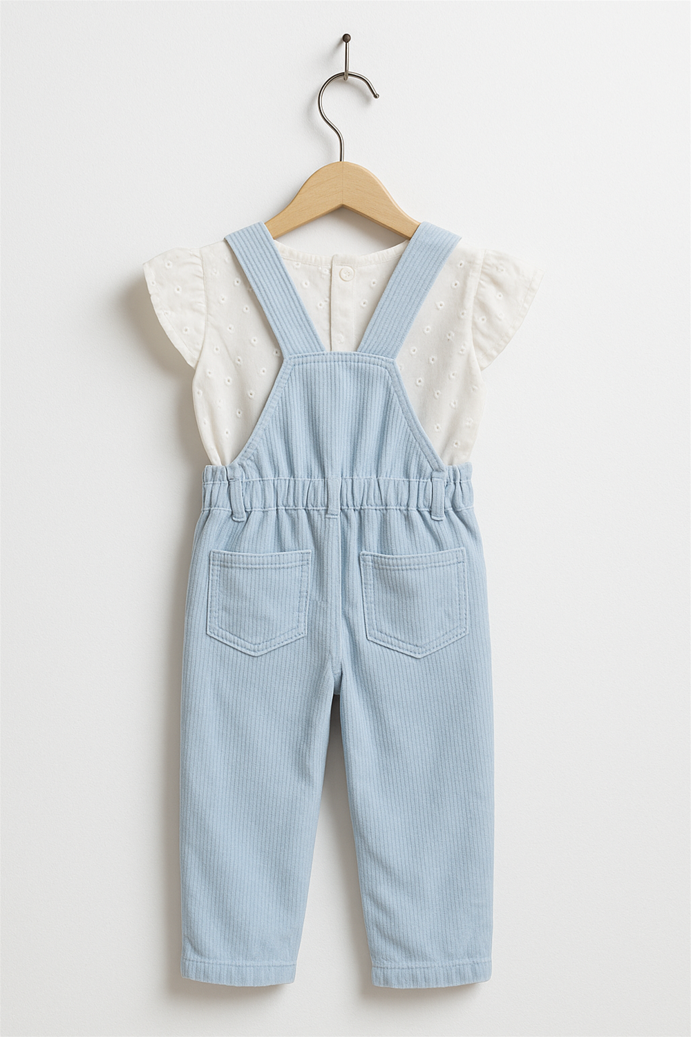 Back view of a child’s light blue corduroy dungarees paired with a white short-sleeved embroidered top, displayed neatly on a wooden hanger against a plain white background. The dungarees feature crossed straps, elastic waistband, and two back pockets for a casual yet stylish look.