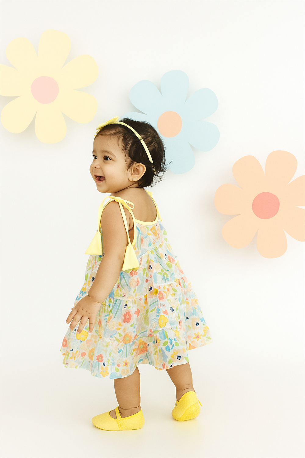 A joyful baby girl in a pastel floral dress with yellow shoulder ties, matching bow headband, and yellow shoes. She stands playfully against a white background decorated with large pastel-colored flower cutouts.