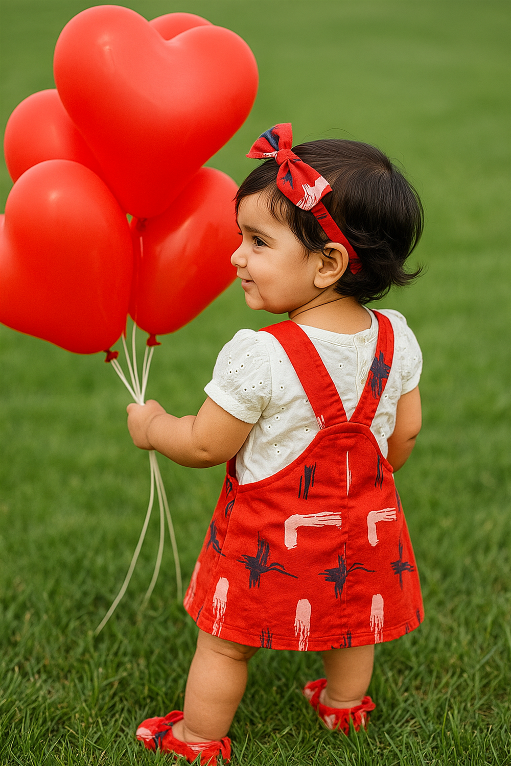 A toddler girl, seen from behind, stands on a lush green lawn holding red heart-shaped balloons. She wears a red printed pinafore with a matching bow headband and shoes, radiating playful charm.