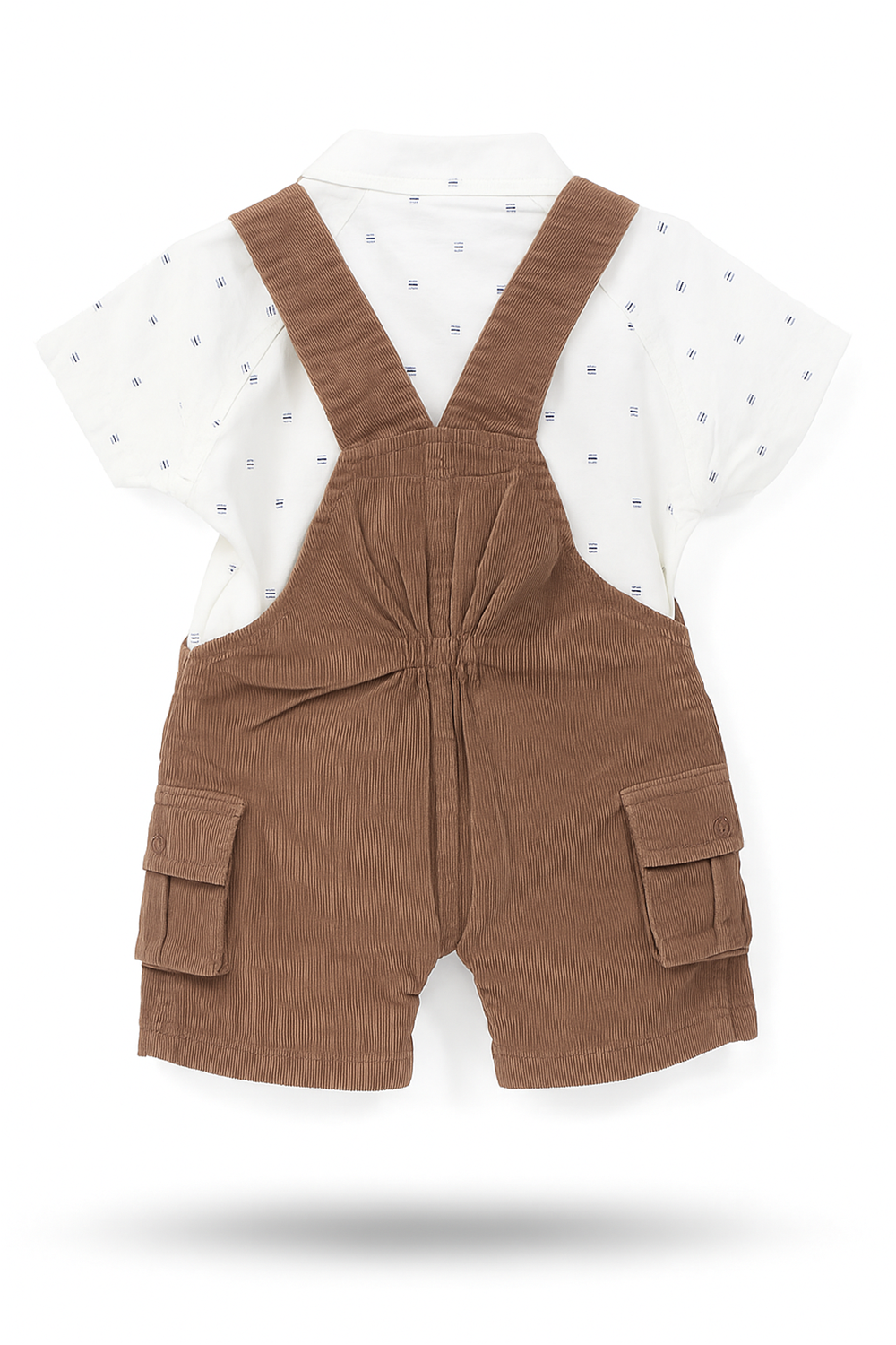 Baby boy's brown corduroy dungaree back side look. Paired with a light-colored shirt, perfect for a playful and stylish look.