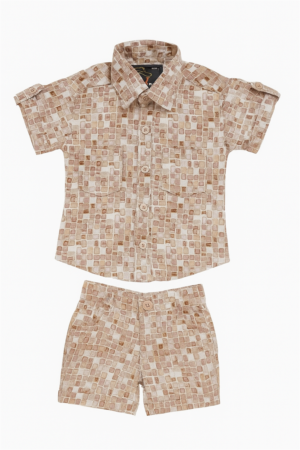 Beige printed boys’ co-ord set front view flat lay, showcasing button-down shirt with chest pockets and matching shorts.
