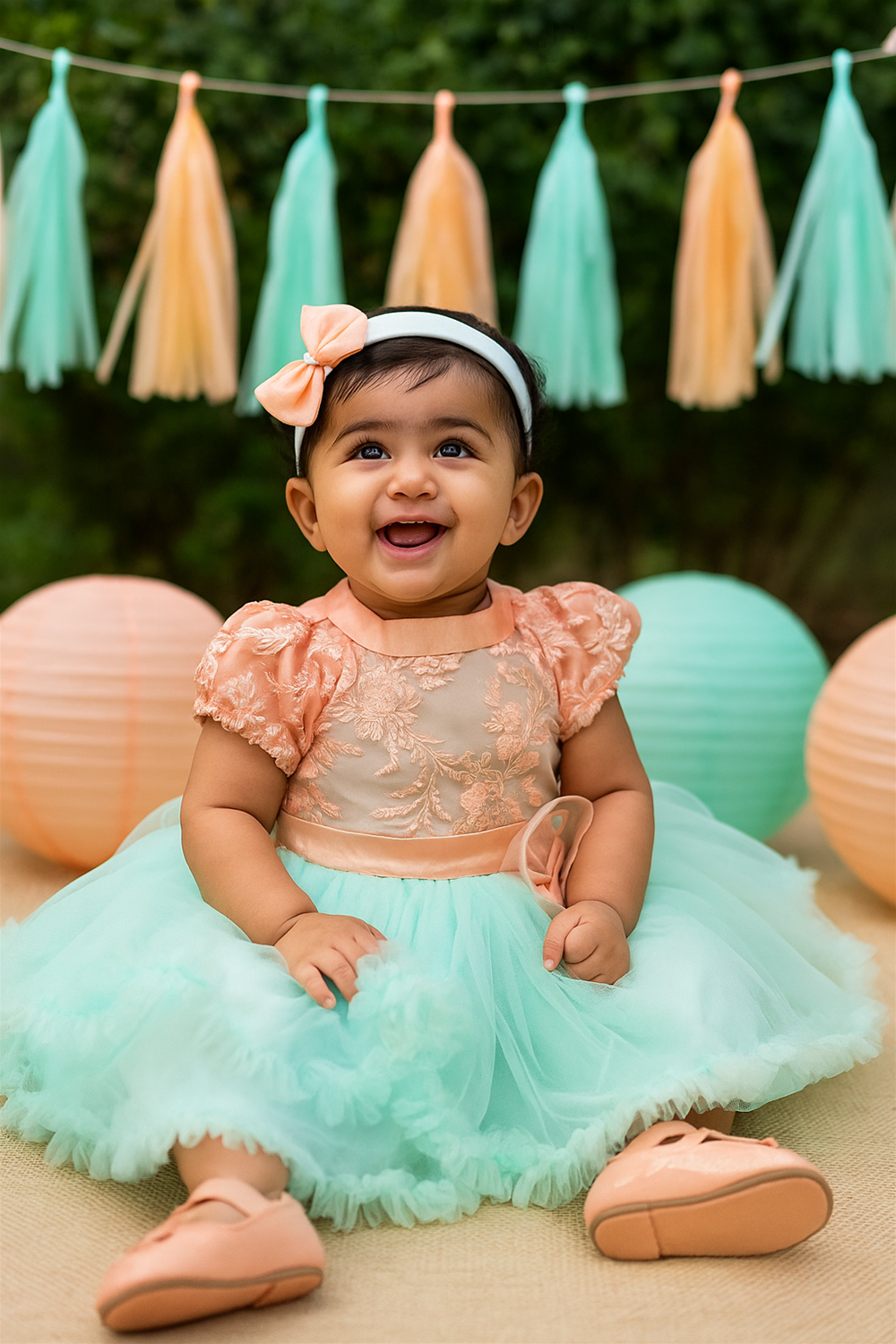 A baby girl wearing a Pista Green and Peach combination dress, smiling and near to her birthday decoration.