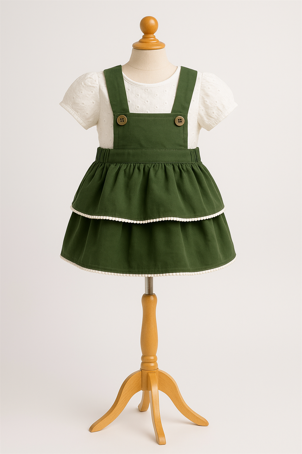 A baby girl's green pinafore dress featuring a white hakoba inner, showcasing a charming and playful design.