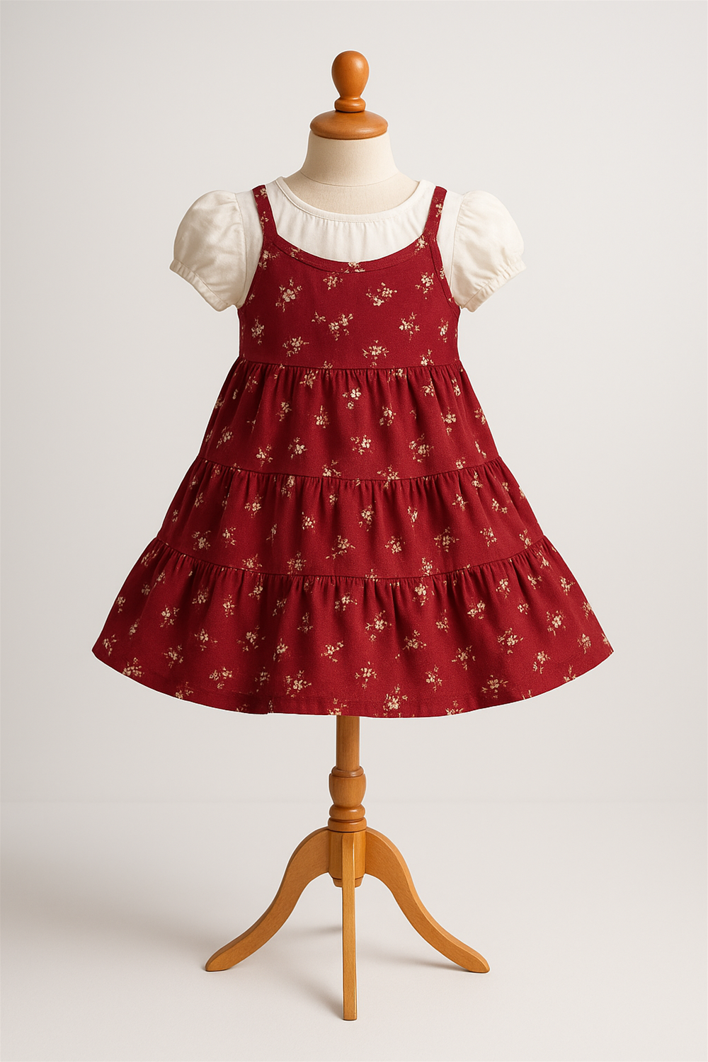 A lovely red floral tiered frock with puff sleeves is elegantly showcased on a wooden kidswear mannequin, highlighting its classic and festive design.
