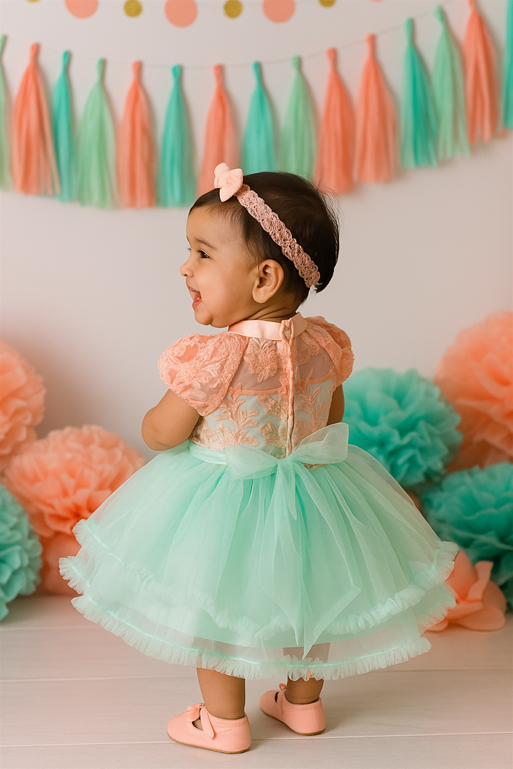 A baby girl wearing a Pista Green and Peach combination dress, smiling and near to her birthday decoration. Back veiw.