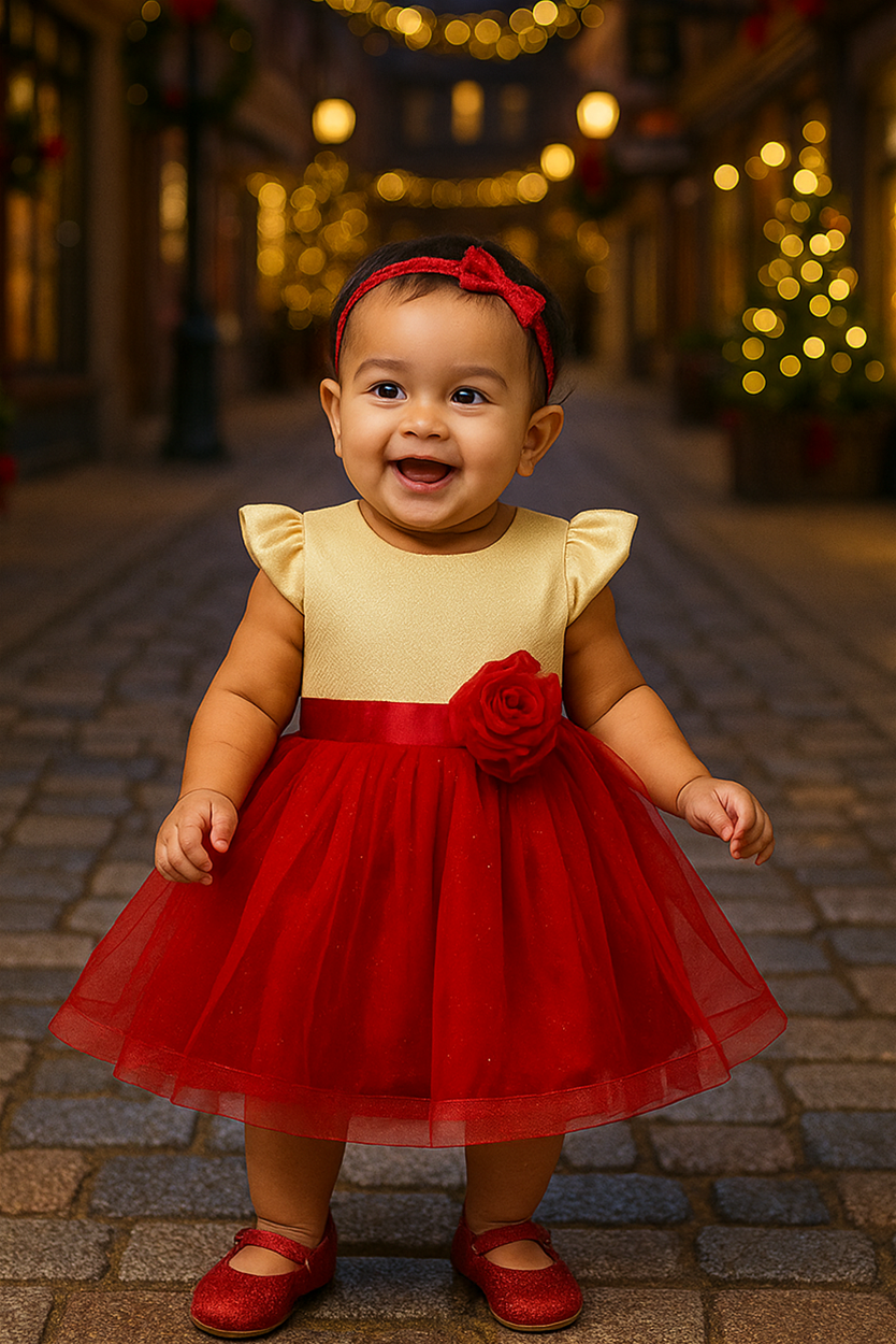 A smiling baby girl wearing a festive golden and red frock with a big rose detail, standing on a decorated street