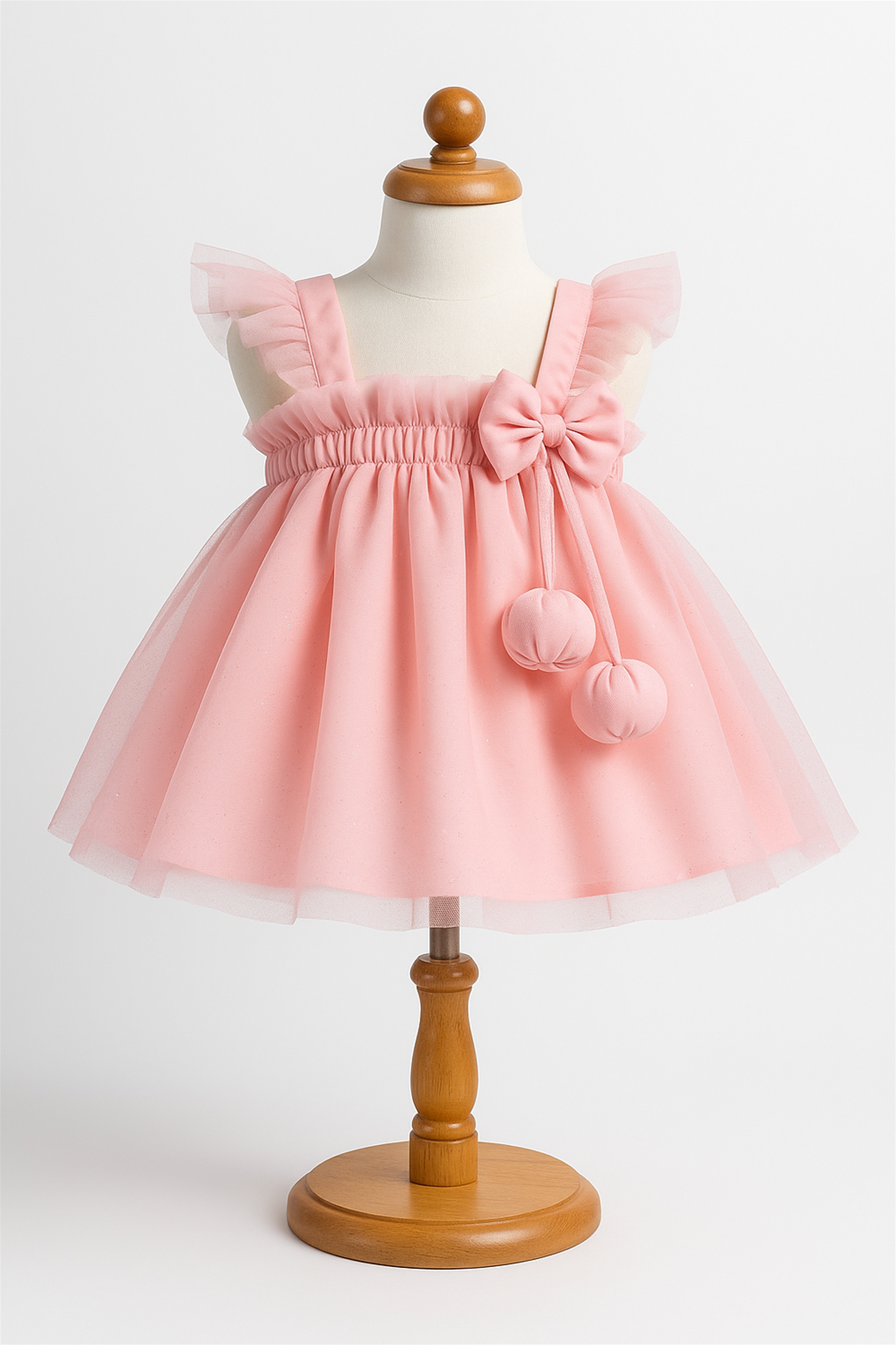 Pink net frock with ruffle straps, a gathered bodice, and a decorative bow with two hanging fabric balls, displayed on a wooden dress stand. The skirt is flared with a soft shimmer finish against a plain white background.