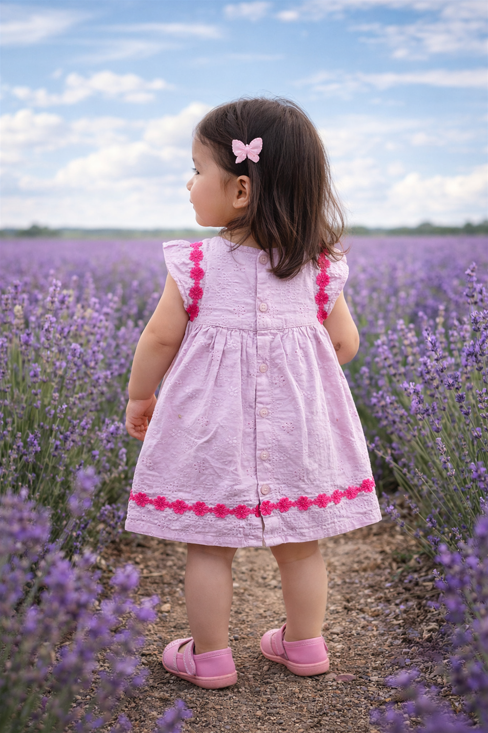 Back view of a toddler girl in a rose lace dress with lavender floral accents, walking through a flower-filled garden.