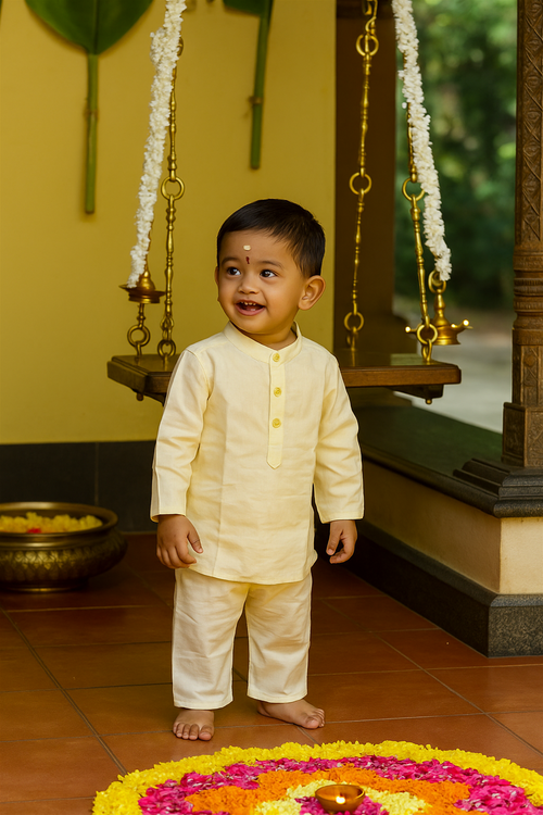 A young boy dressed in a light yellow traditional kurta and pajama stands barefoot near a colorful floral rangoli. He smiles joyfully while looking to the side, with festive decorations and hanging lamps in the background.