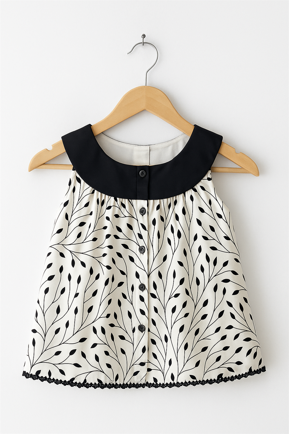 Elegant white and black dress dress featuring a buttoned full open back, showcasing a simple and elegant design.