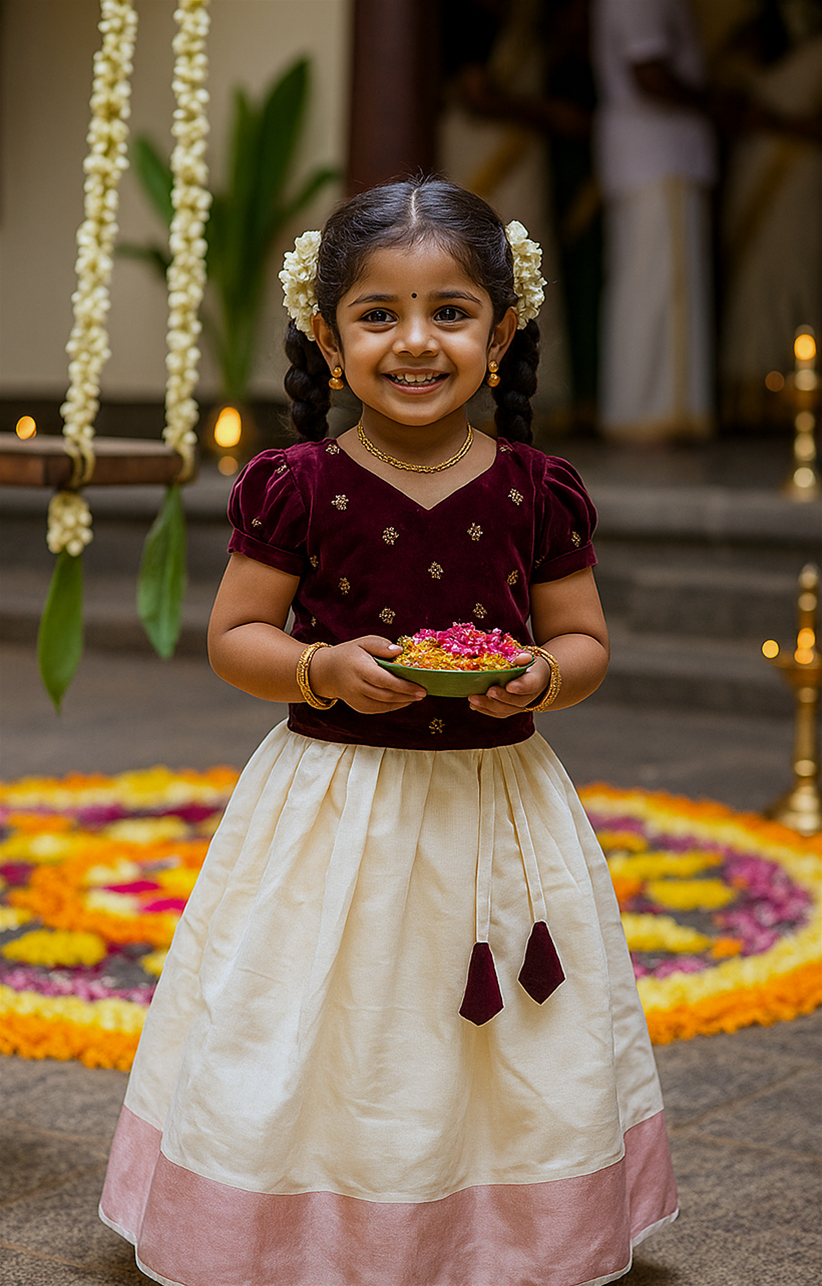 A little girl in a maroon blouse and cream skirt stands smiling with flower petals in her hand, surrounded by festive lamps and a colorful pookalam. She wears jasmine garlands in her braids, gold jewelry, and looks radiant in the traditional Onam celebration setting.