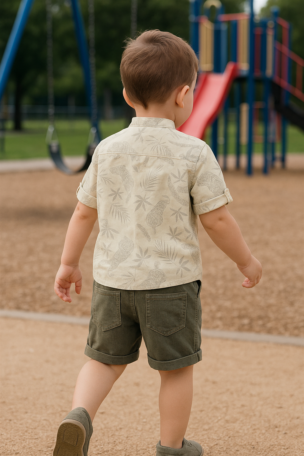 Toddler wearing light yellow printed shirt with olive shorts, walking in playground near swings and slide, casual outdoor setting.
