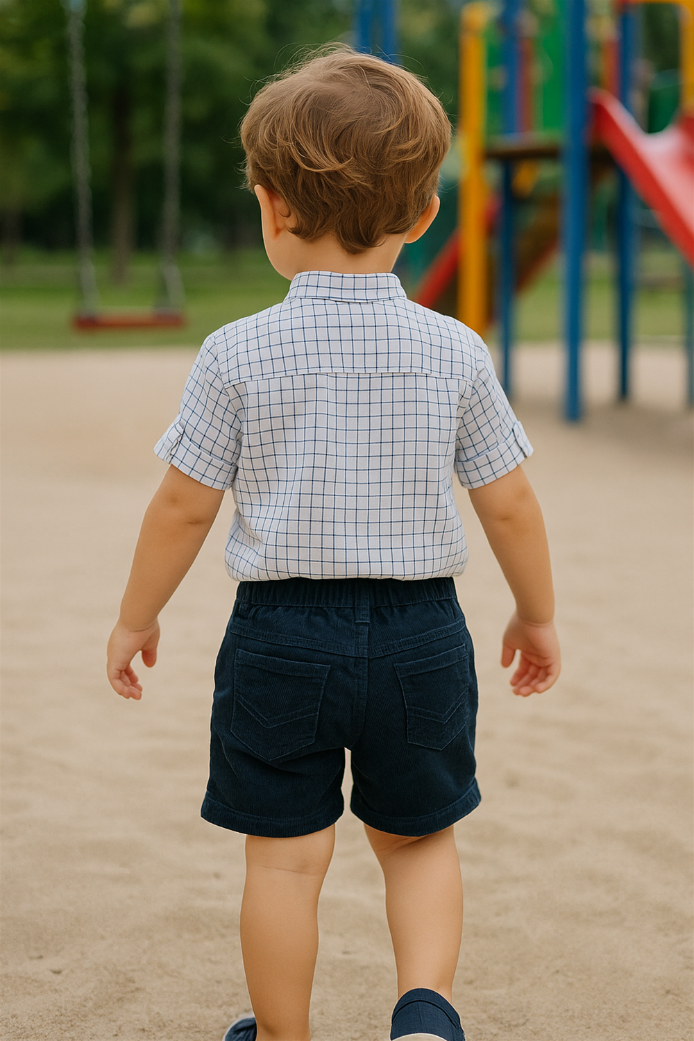 Toddler in checkered shirt and navy shorts walking in playground, showing back view with swings and slide background.