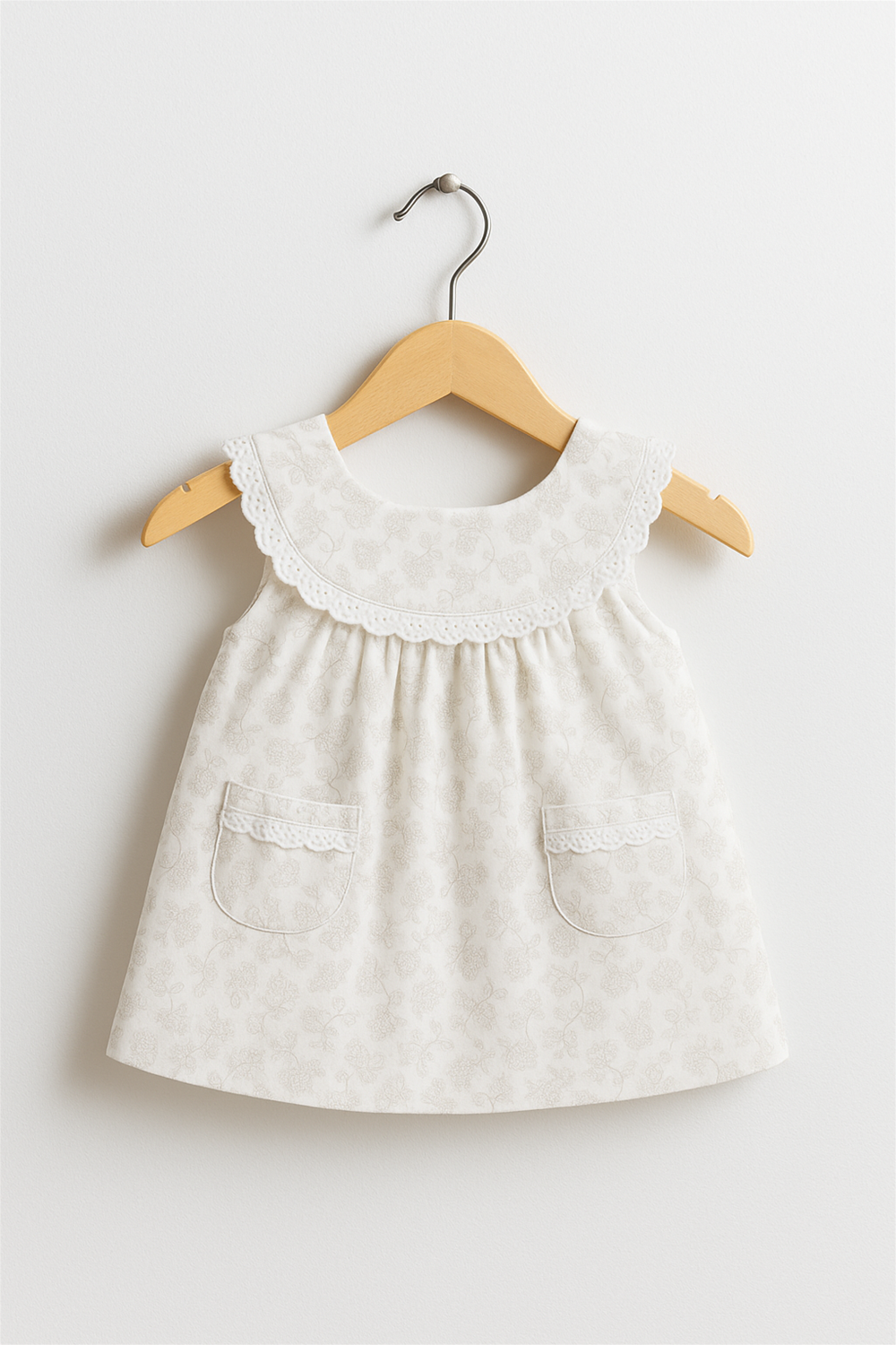 Baby dress on wooden hanger, lace-trimmed round collar, soft beige floral print, front pockets with lace accents.