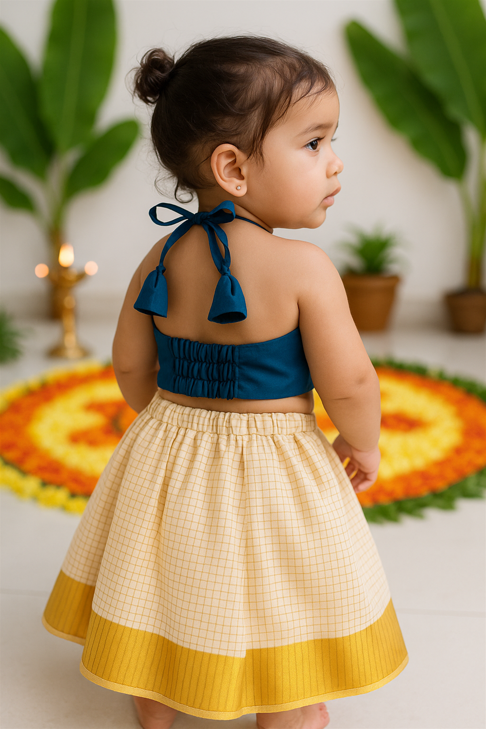 A toddler girl is seen from the back wearing a teal halter top tied with tassels and a cream-yellow skirt. She stands near a colorful floral rangoli with green banana leaves in the background, creating a traditional festive ambiance.
