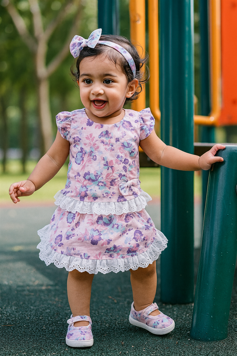 A baby girl wearing a pink dress stands amidst vibrant flowers, showcasing a joyful expression.