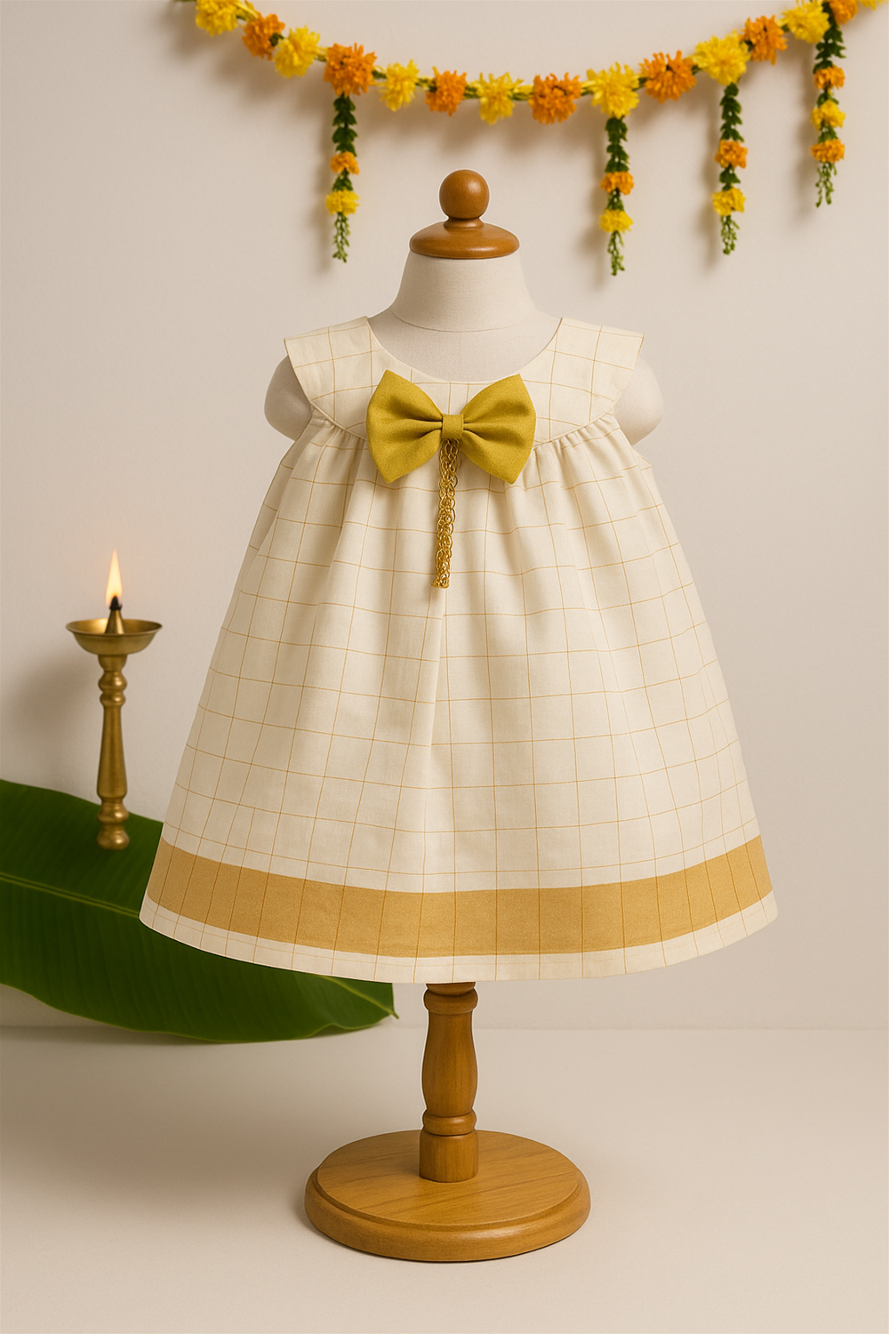 A festive cream and gold baby dress displayed on a wooden mannequin, adorned with a mustard bow and golden tassel at the front. The backdrop features marigold garlands, a brass lamp, and a banana leaf for a traditional festive setting.