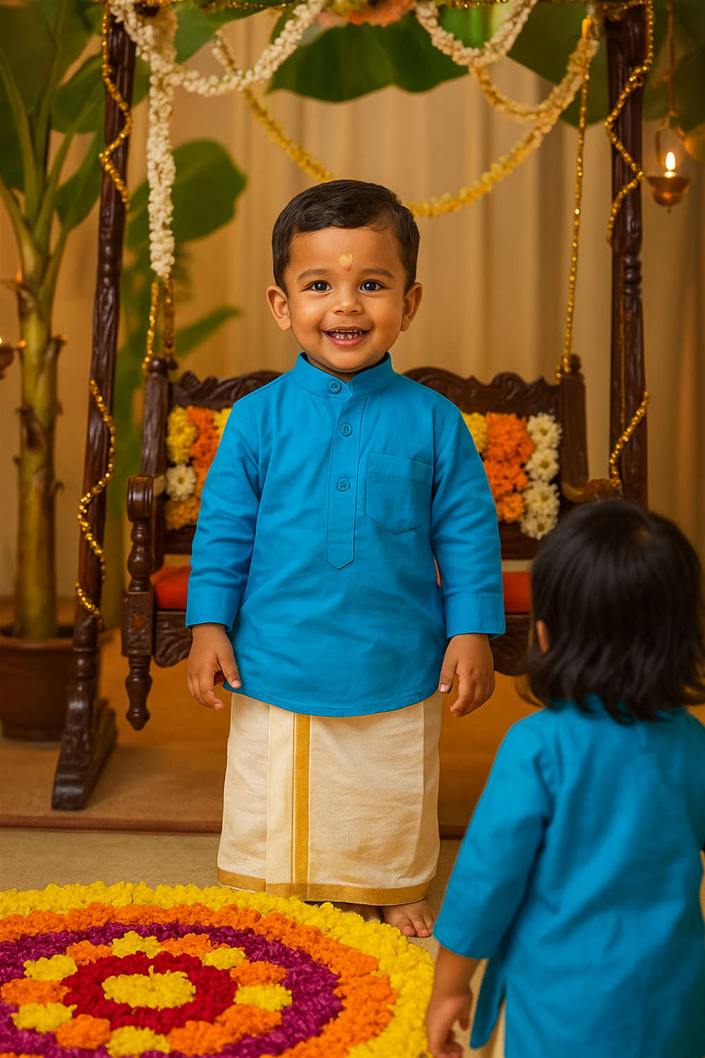 A young boy dressed in a bright blue kurta and traditional cream mundu stands smiling in front of an Onam-themed backdrop, with floral decorations and a swing behind him. Another child, also in blue attire, faces him near a colorful pookalam design on the floor.