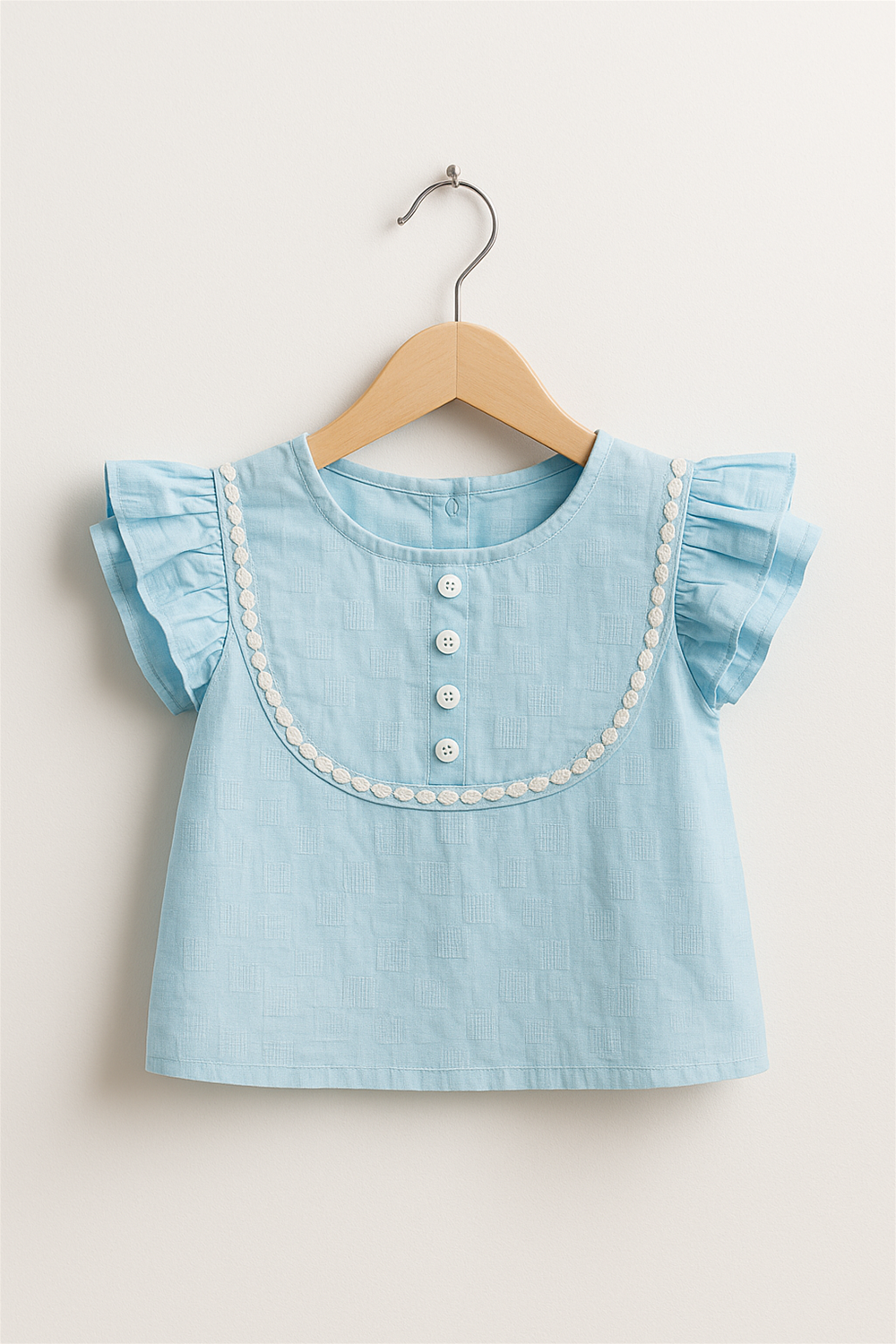 Front view of light blue baby top with layered ruffle sleeves, decorative lace detail, and four buttons, displayed neatly.