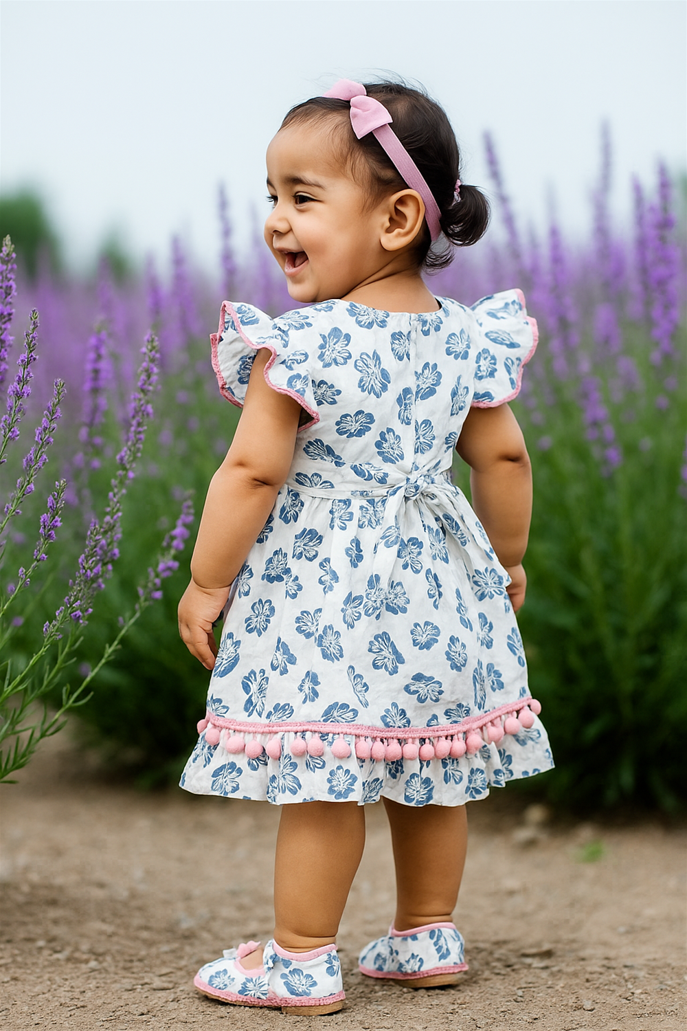 A happy baby girl stands in a lavender field, facing away with a cheerful side glance. She wears a white floral dress with flutter sleeves, pink pom-pom lace, and matching floral shoes with a pink bow headband.