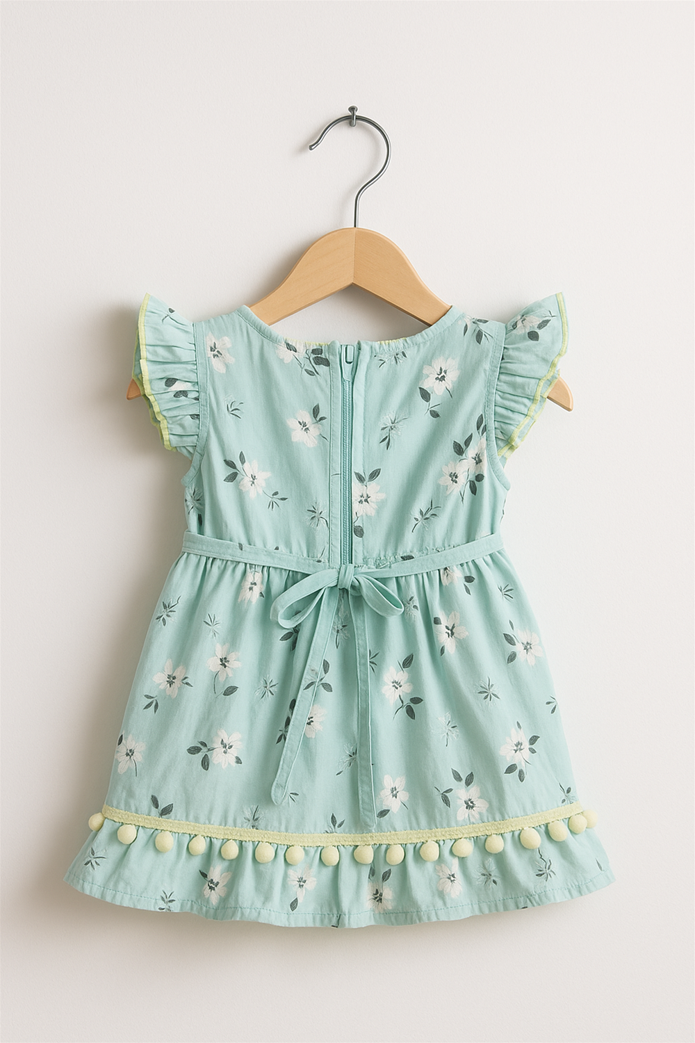 A mint green floral baby dress hangs neatly on a wooden hanger against a neutral wall. The dress features ruffled sleeves, a back zipper, waist tie, and yellow pom-pom trim along the hem.