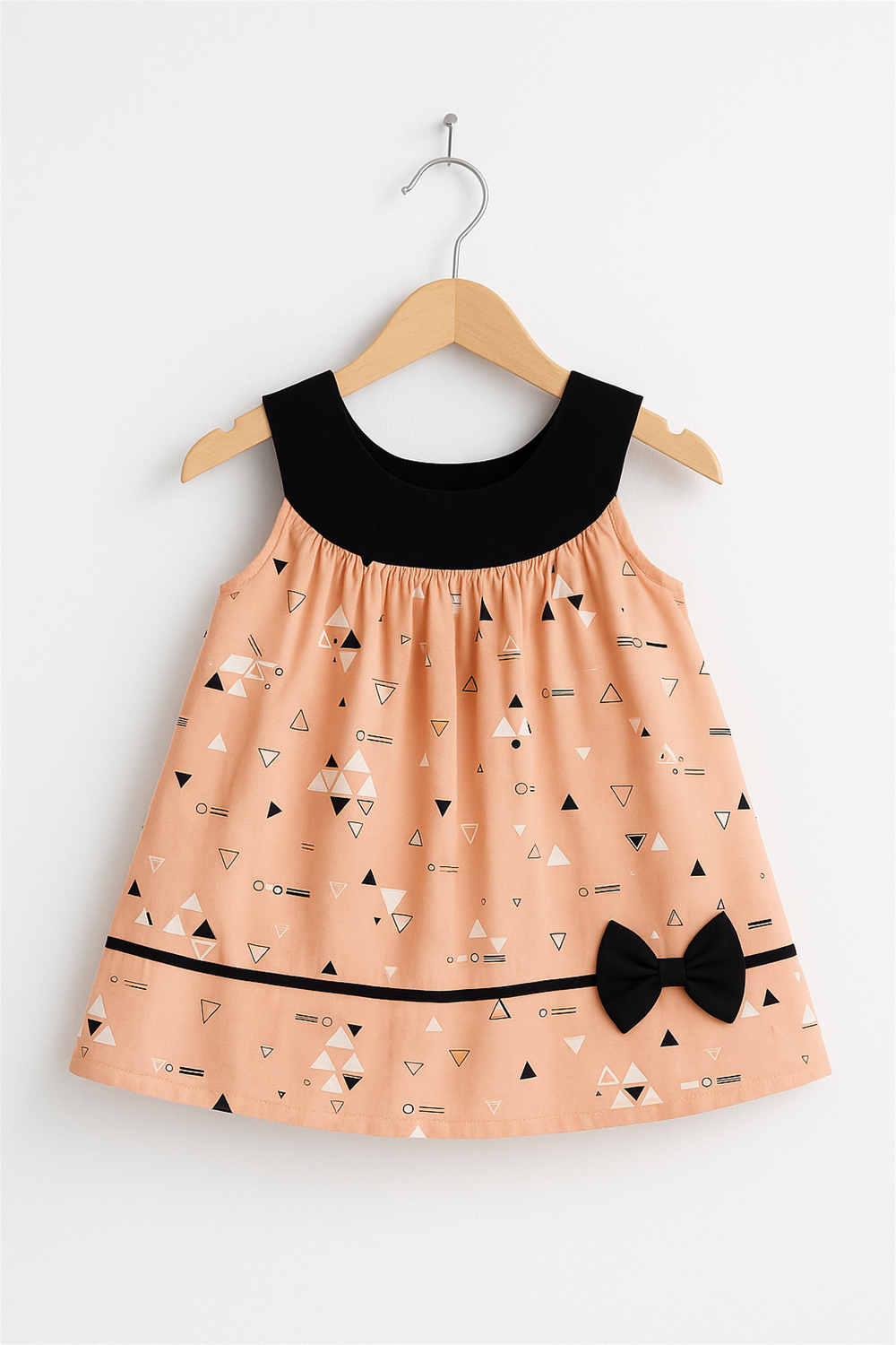 Peach frock with geometric prints, black neckline, decorative black bow at hemline, displayed neatly on a wooden hanger.