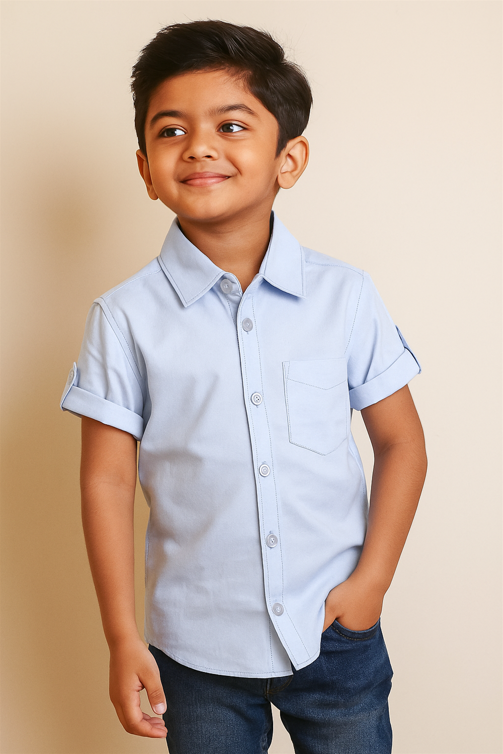 A young boy wearing a blue half-sleeve shirt with a normal collar and jeans.