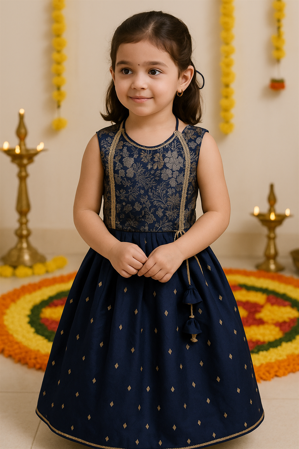 Little girl in a navy-blue ethnic dress with golden floral embroidery on bodice, smiling indoors with festive lamps and garlands.