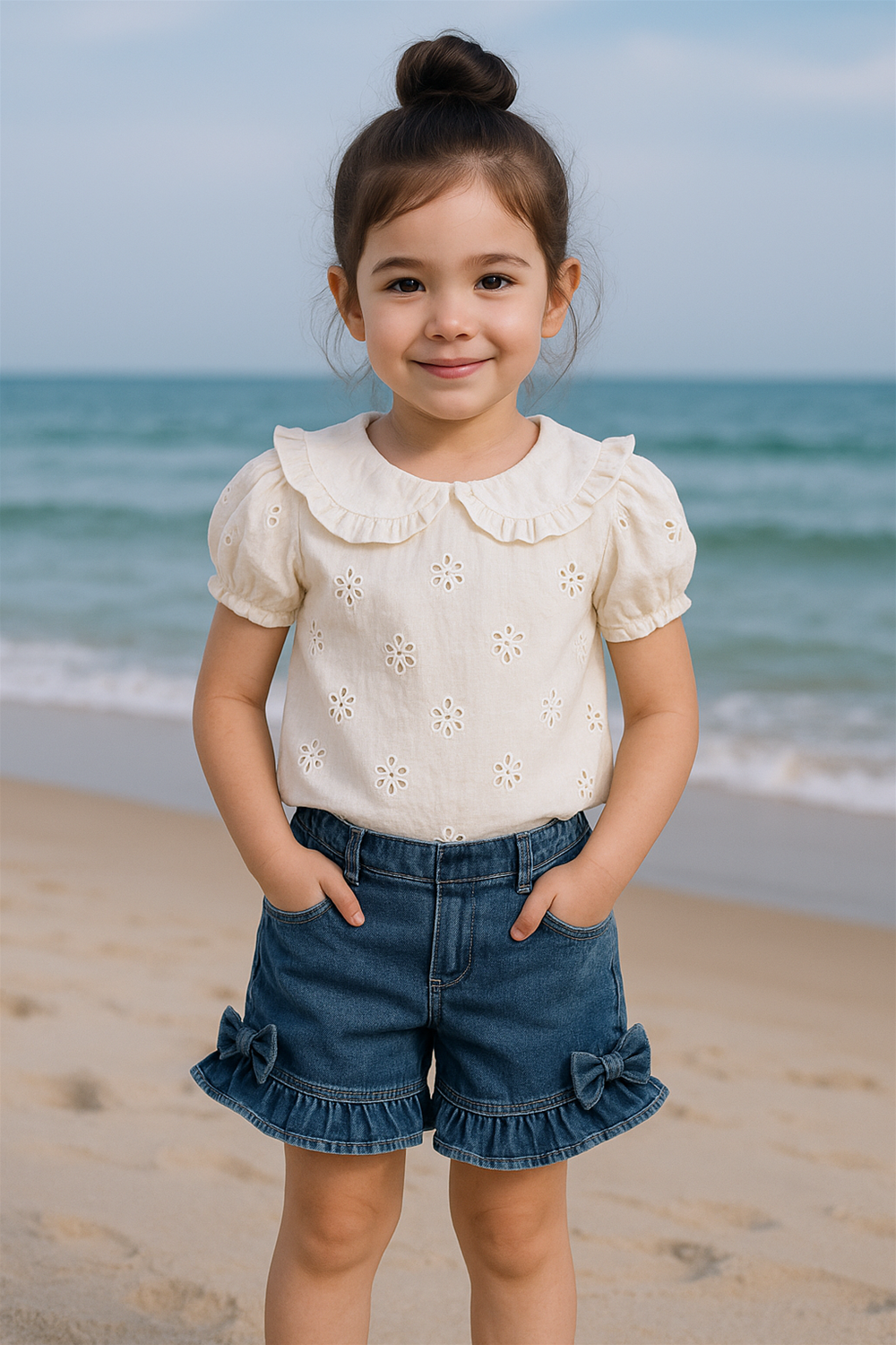 A little girl is standing on the beach wearing denim shorts with ruffled hems and bow details, paired with a cream embroidered top. She has her hands in her pockets, smiling pleasantly with the ocean waves in the background.