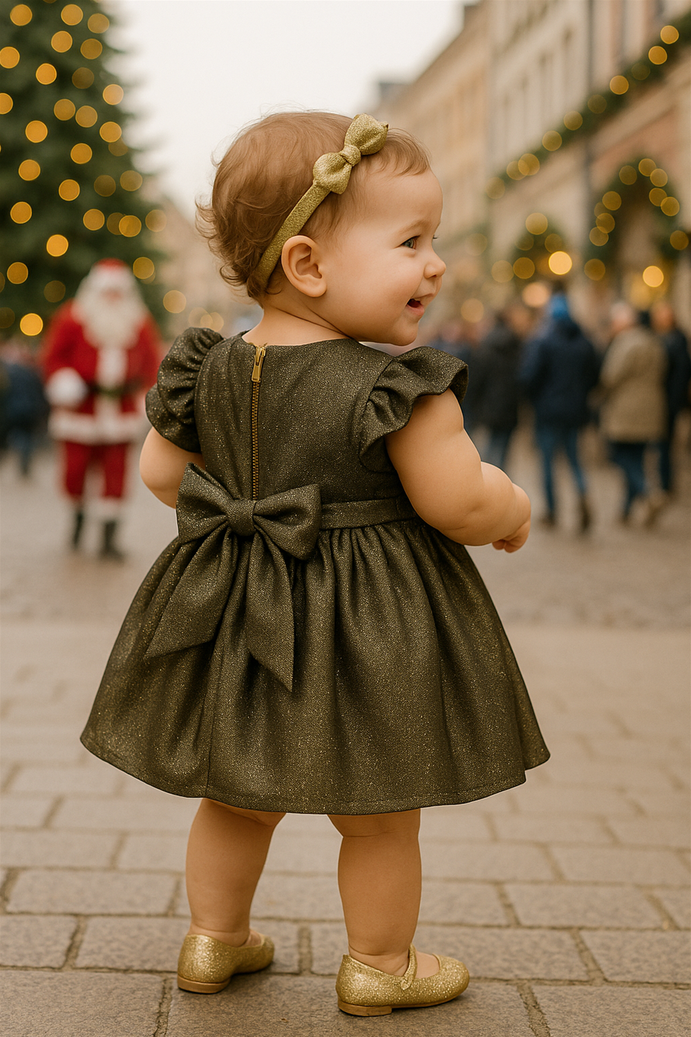 Baby girl in golden festive dress with back bow and matching shoes, smiling amid Christmas lights and decorations.
