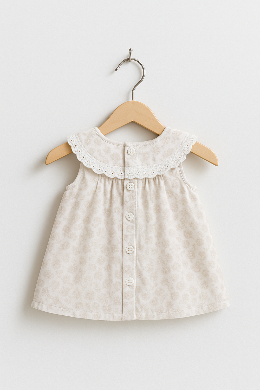 Back view of sleeveless baby dress with lace collar, button-down closure, soft beige floral print, displayed on wooden hanger.