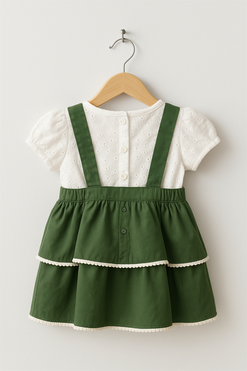A baby girl's green pinafore dress featuring a white hakoba inner, showcasing a charming and playful design.